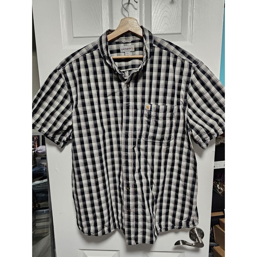 Carhartt Shirt XXLarge Ivory Black Plaid Relaxed Fit Button Up Short Sleeve Mens